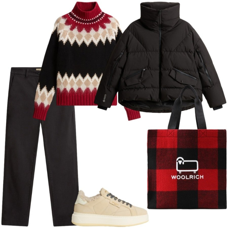 Outfit donna - Turni di lavoro. Stile Casual per Ufficio. Abbinamento con piumini, sneakers, maglieria, borse tote, pantaloni.