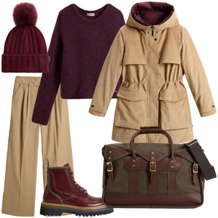 Outfit donna - In giro per lavoro. Stile Casual per Tutti i giorni. Abbinamento con pantaloni, borse a tracolla, maglieria, anfibi, berretti, parka.
