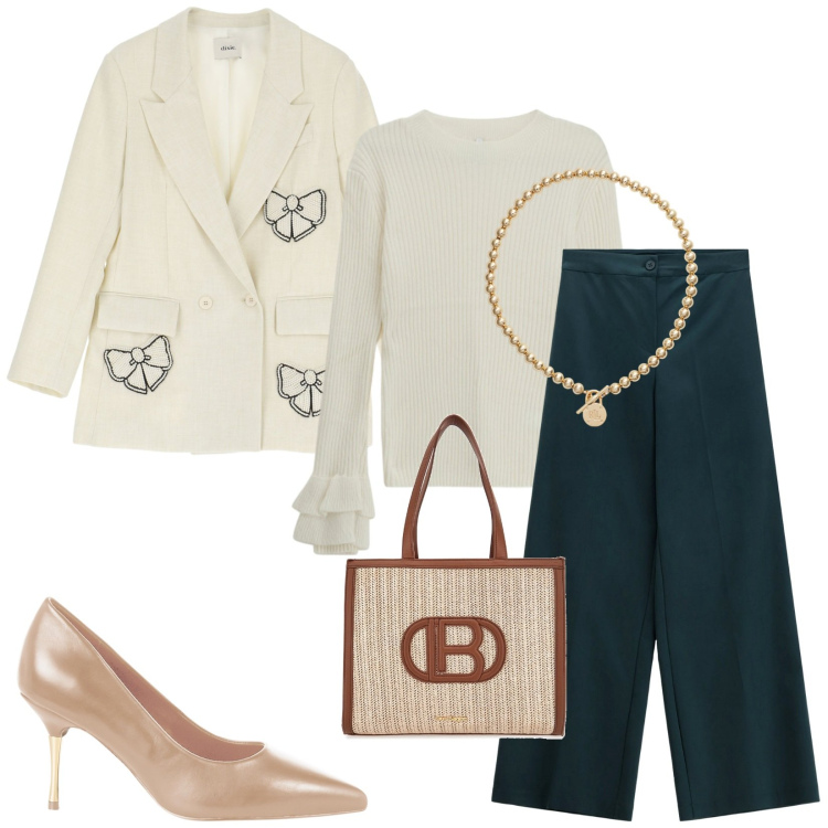 Outfit donna - Total look #2284954. Stile Bon Ton per Serata fuori. Abbinamento con décolleté, pantaloni a palazzo, maglieria, blazer, collane, borse a spalla.