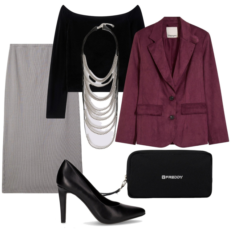 Outfit donna - Una serata in due. Stile Chic per Serata fuori. Abbinamento con blazer, gonne longuette, bluse, valigie, collane, décolleté.