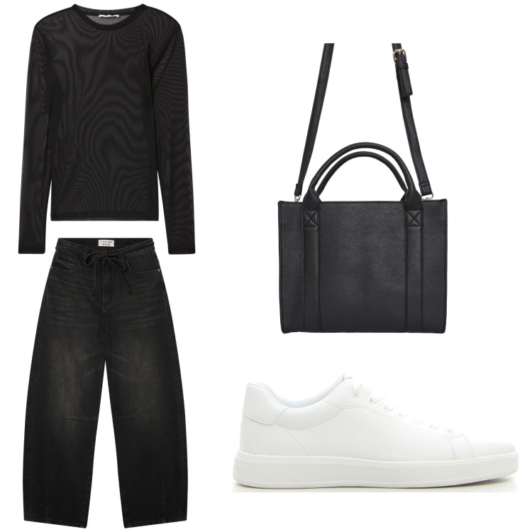 Outfit donna - Aperitivo. Stile Trendy per Tutti i giorni. Abbinamento con jeans, t-shirt, borse tote, sneakers.
