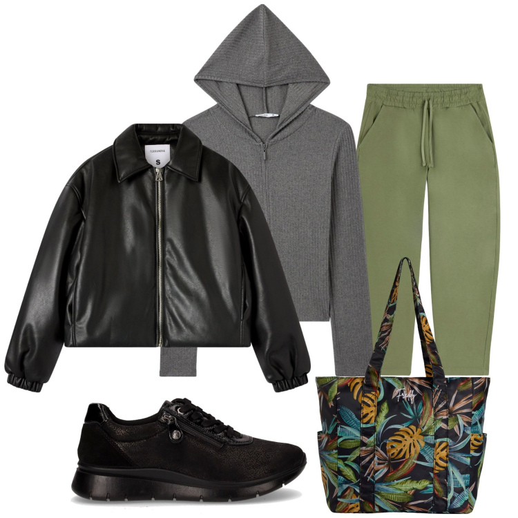 Outfit donna - In giro. Stile Urban per Tutti i giorni. Abbinamento con maglieria, bomber, pantaloni, shopping bag, sneakers.