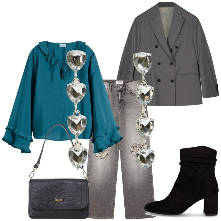 Outfit donna - Total look #2284974. Stile Chic per Tutti i giorni. Abbinamento con bluse, orecchini, jeans strappati, borse a tracolla, blazer, stivaletti.