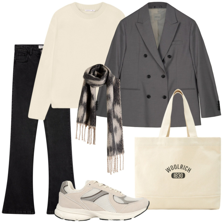 Outfit donna - Total look #2284978. Stile Casual per Tutti i giorni. Abbinamento con sciarpe, maglieria, sneakers, jeans a zampa, borse tote, blazer.