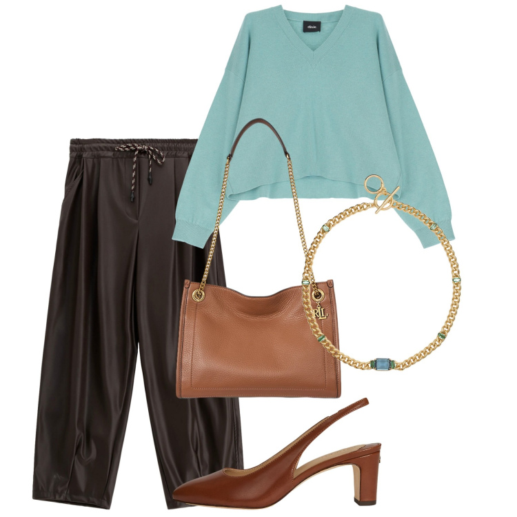 Outfit donna - Serata. Stile Chic per Serata fuori. Abbinamento con pantaloni a palazzo, maglieria, borse tote, collane, décolleté.