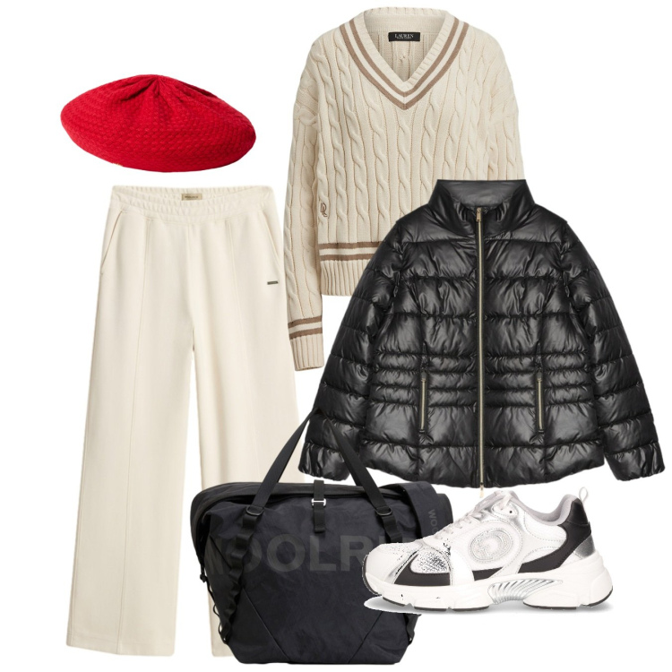 Outfit donna - Weekend. Stile Basic per Tutti i giorni. Abbinamento con maglieria, berretti, pantaloni, borse sportive, piumini, sneakers.