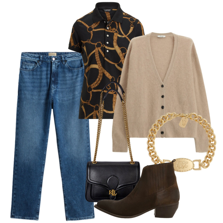 Outfit donna - Serata così. Stile Casual chic per Serata fuori. Abbinamento con stivaletti, cardigans, polo, borse a spalla, braccialetti, jeans.