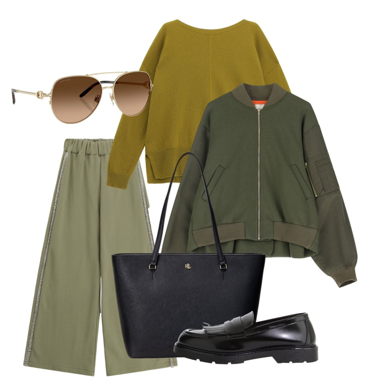 Outfit donna - Buongiorno. Stile Bon Ton per Tutti i giorni. Abbinamento con pantaloni a palazzo, bomber, mocassini, maglieria, borse tote, occhiali da sole.