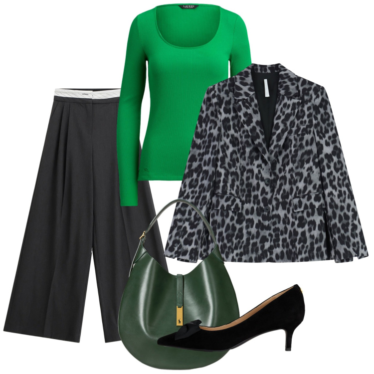 Outfit donna - Raffinata. Stile Chic per Serata fuori. Abbinamento con blazer, pantaloni a palazzo, borse a spalla, décolleté, t-shirt.