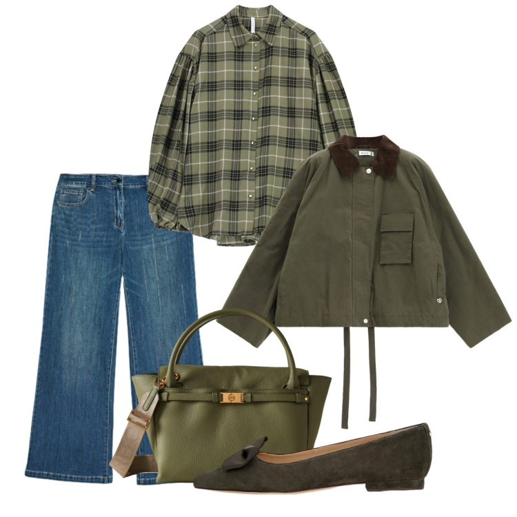 Outfit donna - Oliva. Stile Bon Ton per Scuola/Università. Abbinamento con parka, camicie, borse a mano, ballerine, jeans dritti.