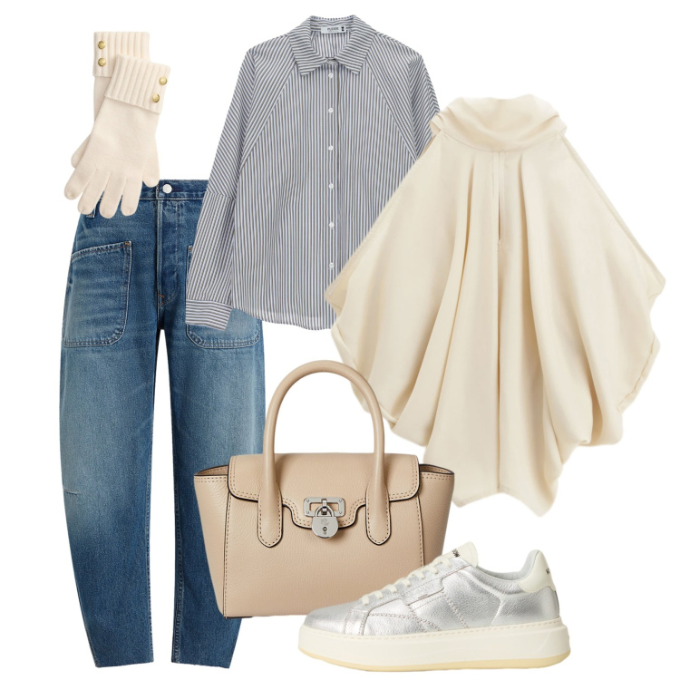 Outfit donna - Il poncho- top panna. Stile Casual chic per Tutti i giorni. Abbinamento con camicie, top, borse a mano, guanti, jeans, sneakers.