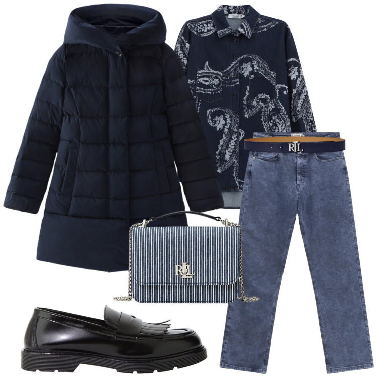 Outfit donna - Total look #2284991. Stile Casual per Tutti i giorni. Abbinamento con jeans dritti, camicie, mocassini, cinture, borse a spalla, parka.