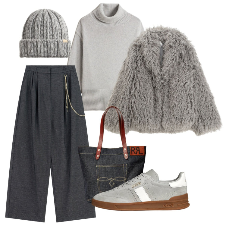 Outfit donna - Basic chic. Stile Chic per Tutti i giorni. Abbinamento con pantaloni a palazzo, ecopellicce, sneakers, borse tote, berretti, maglieria.