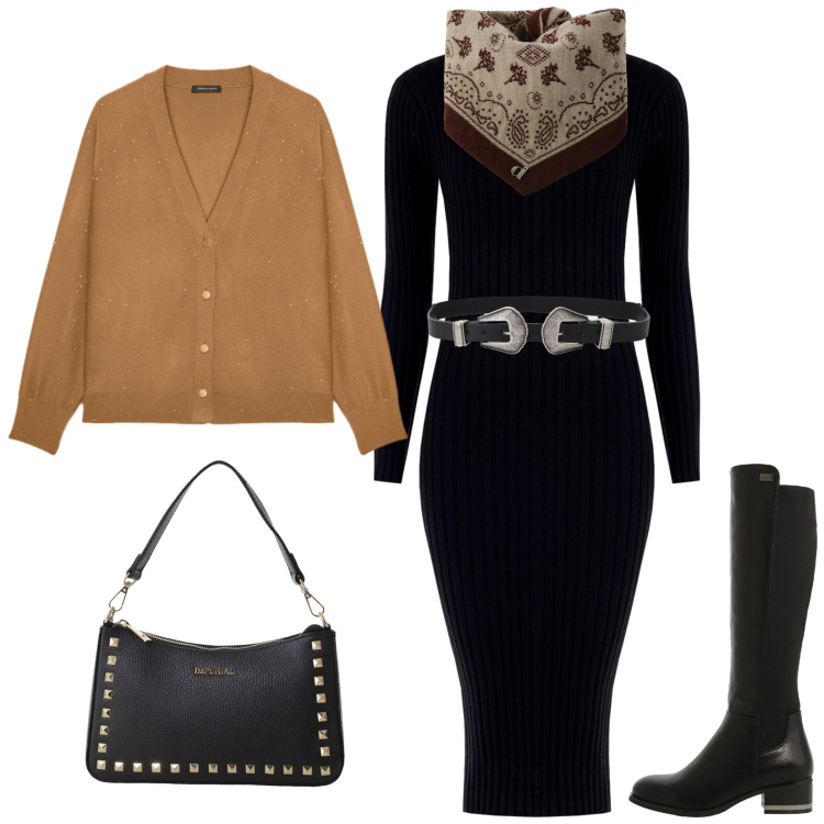 Outfit donna - Total look #2284995. Stile Chic per Serata fuori. Abbinamento con vestiti a tubino, stivali sopra il ginocchio, pochette, cinture, foulard, cardigans.