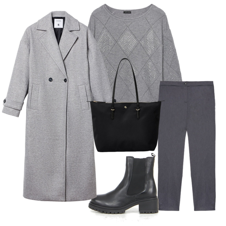 Outfit donna - Total look #2284999. Stile Casual per Tutti i giorni. Abbinamento con cappotti, borse tote, maglieria, pantaloni, stivaletti chelsea.