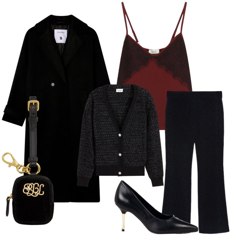 Outfit donna - Total look #2285005. Stile Chic per Serata fuori. Abbinamento con cardigans, décolleté, cappotti, top, pochette, pantaloni.