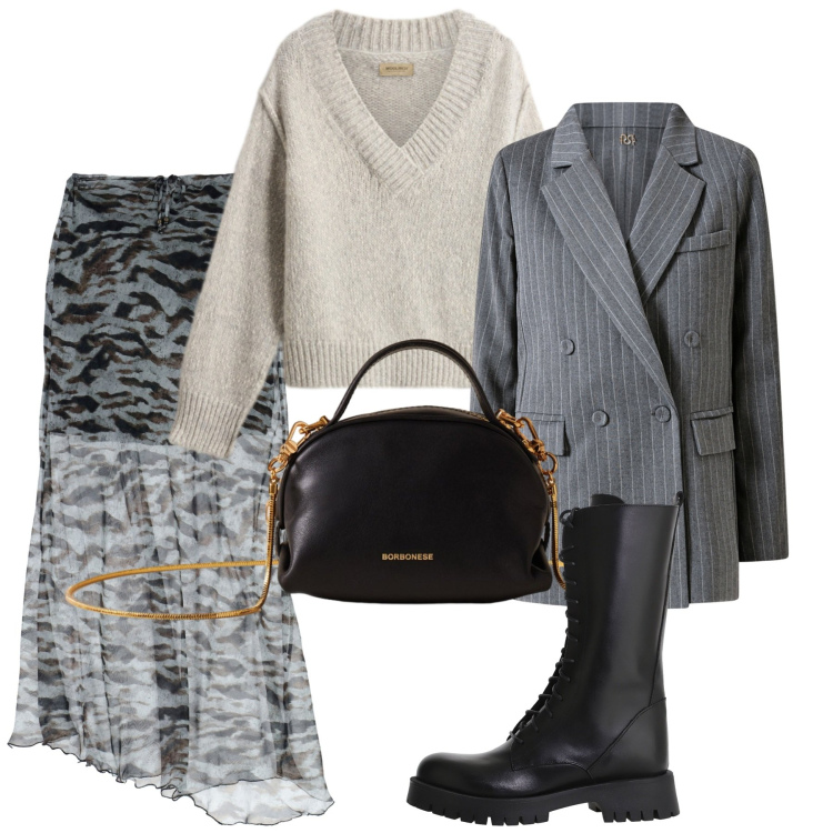 Outfit donna - Eclettica. Stile Chic per Tutti i giorni. Abbinamento con blazer, borse a mano, stivali, gonne lunghe, maglieria.