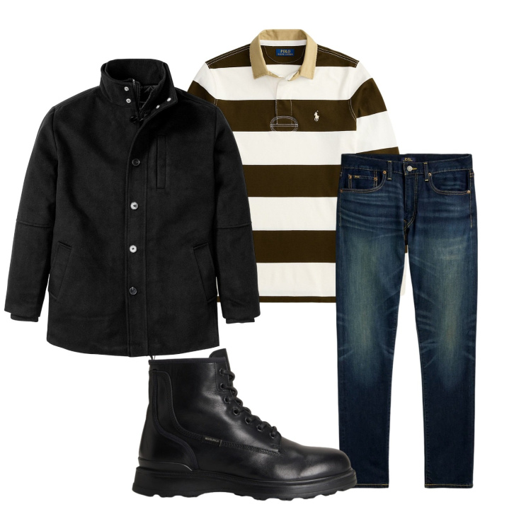 Outfit uomo - Total look #2285010. Stile Trendy per Tutti i giorni. Abbinamento con giacche, jeans, maglieria, anfibi.