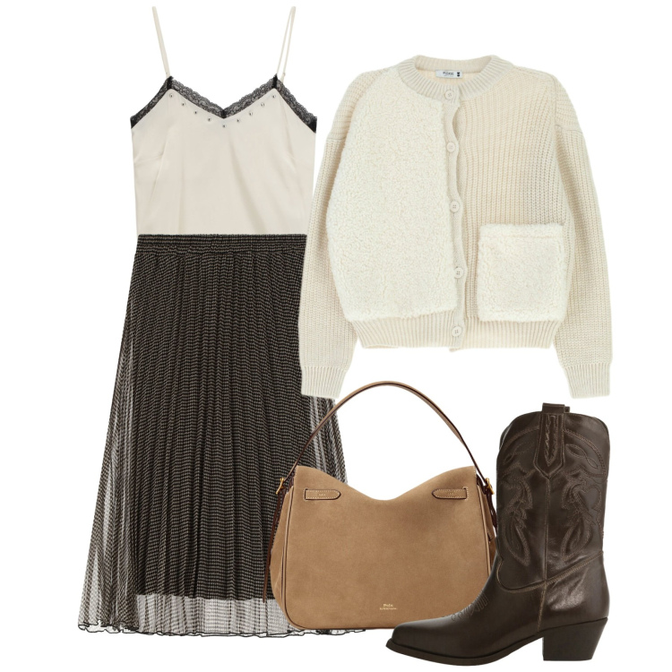 Outfit donna - Plissé e petits pois. Stile Chic per Serata fuori. Abbinamento con top, cardigans, gonne lunghe, stivali, borse a mano.