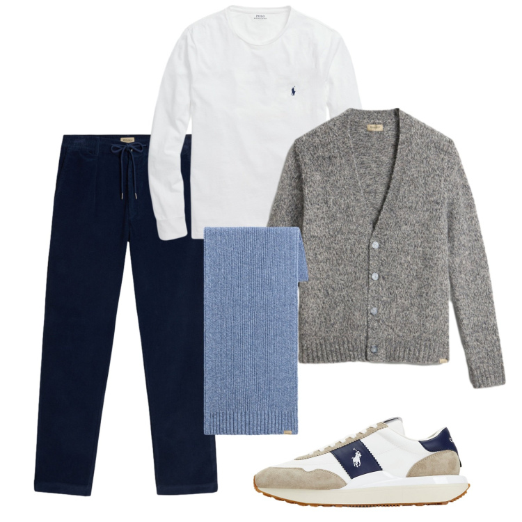 Outfit uomo - Homewear. Stile Casual per Tutti i giorni. Abbinamento con sneakers, t-shirt, pantaloni, cardigans, sciarpe.