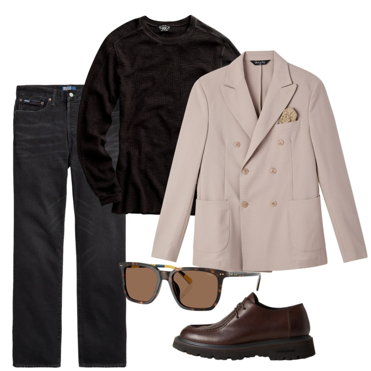 Outfit uomo - Spezzato ironico. Stile Casual per Tutti i giorni. Abbinamento con giacche, maglieria, occhiali da sole, jeans dritti, scarpe stringate.