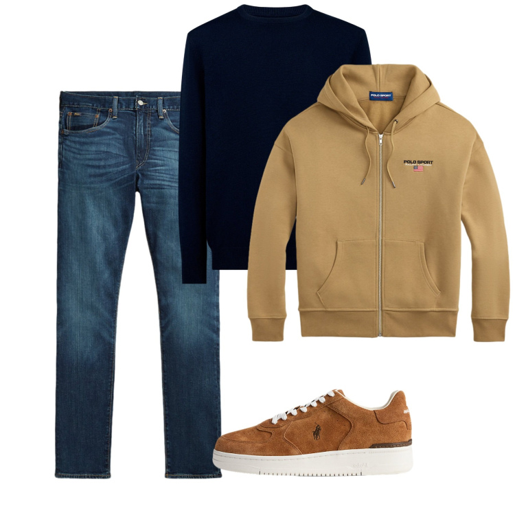 Outfit uomo - Novembre. Stile Casual per Tutti i giorni. Abbinamento con jeans, sneakers, felpe con cappuccio, maglieria.