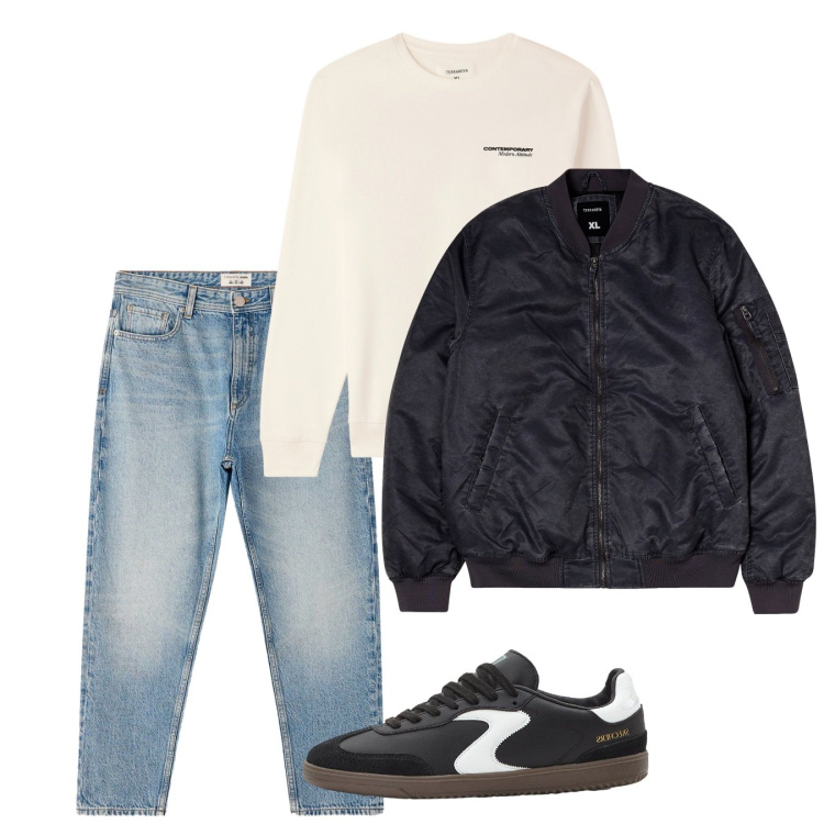 Outfit uomo - Novembre. Stile Biker Rock per Tutti i giorni. Abbinamento con sneakers, bomber, jeans dritti, felpe.