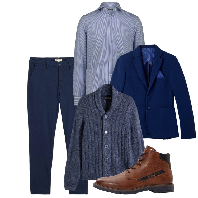 Outfit uomo - Al caldo ma chic. Stile Casual per Ufficio. Abbinamento con anfibi, cardigans, pantaloni chino, giacche, camicie.