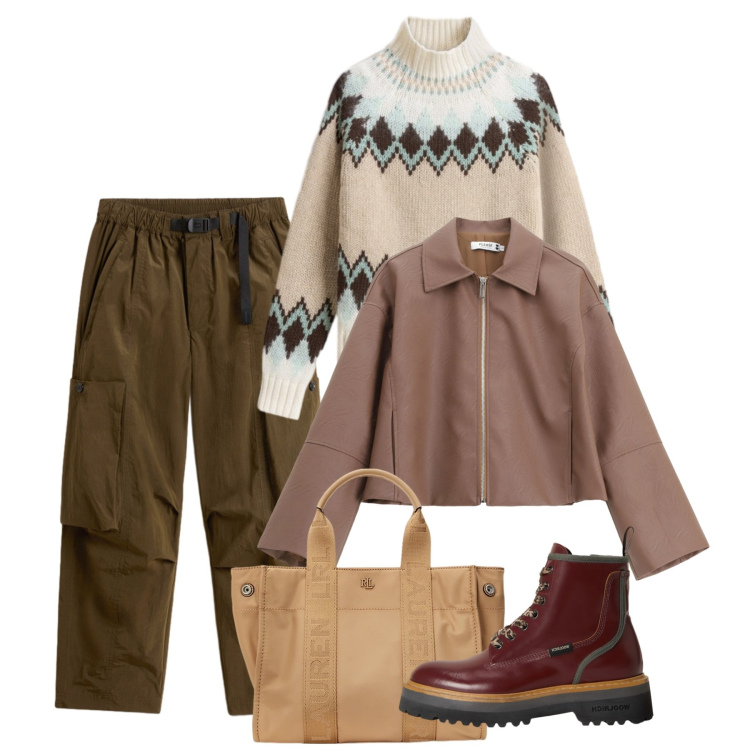 Outfit donna - All\'università. Stile Basic per Scuola/Università. Abbinamento con blazer, borse tote, pantaloni cargo, maglieria, anfibi.