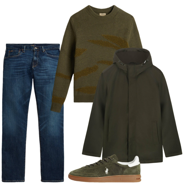Outfit uomo - Muschio giorno. Stile Casual per Tutti i giorni. Abbinamento con sneakers, jeans dritti, maglieria, eskimo.