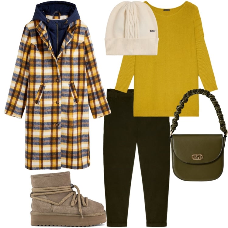 Outfit donna - Total look. Stile Casual per Tutti i giorni. Abbinamento con cappotti, borse a mano, berretti, pantaloni, maglieria, stivaletti.