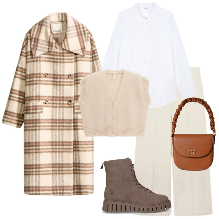 Outfit donna - Un autunno caldo e rilassante. Stile Casual per Tutti i giorni. Abbinamento con cappotti, borse a mano, maglieria, pantaloni a palazzo, camicie, anfibi.