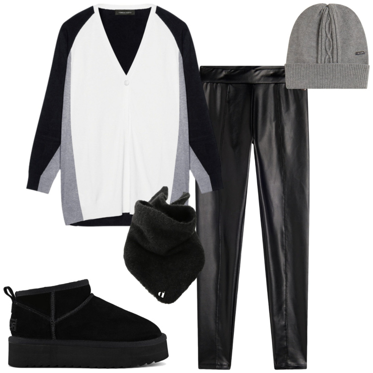 Outfit donna - Cozy e chic. Stile Sporty chic per Tutti i giorni. Abbinamento con foulard, treggings, berretti, cardigans, stivaletti.