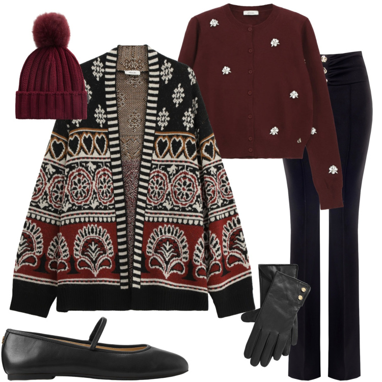 Outfit donna - Cozy e chic. Stile Casual chic per Tutti i giorni. Abbinamento con pantaloni, cardigans, cardigans, ballerine, guanti, berretti.