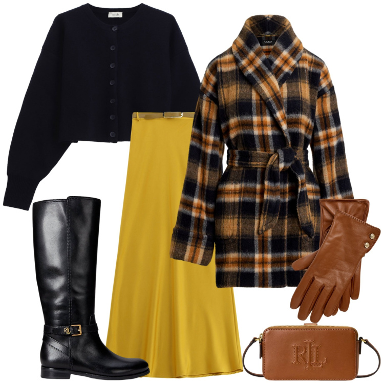 Outfit donna - Cozy e chic. Stile Casual chic per Tutti i giorni. Abbinamento con gonne lunghe, cardigans, portafogli, cappotti, stivali, guanti.