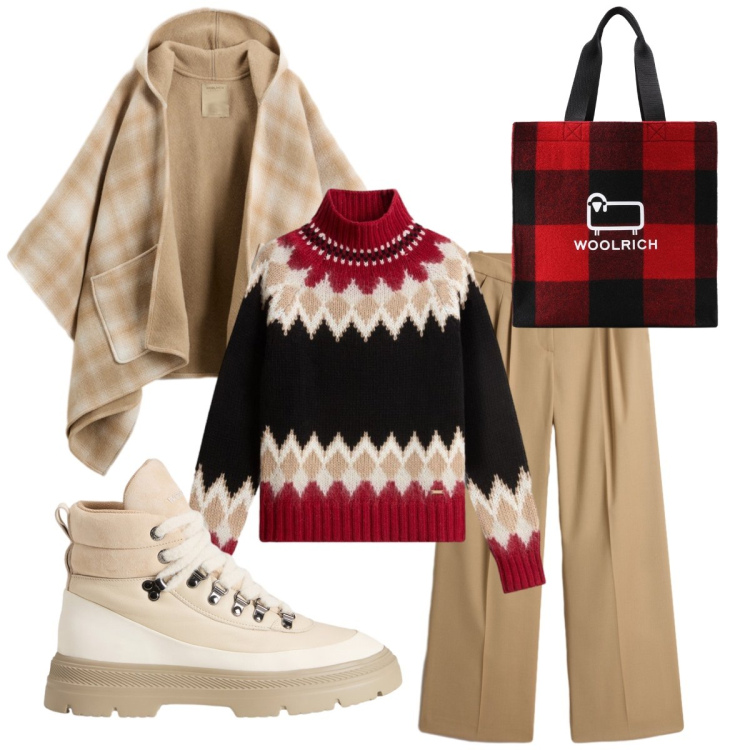 Outfit donna - Il maglione nordico. Stile Sporty chic per Tutti i giorni. Abbinamento con maglieria, pantaloni, borse tote, cappe, anfibi.