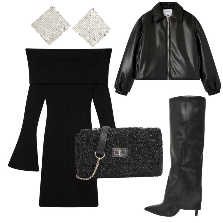 Outfit donna - Total Black. Stile Trendy per Serata fuori. Abbinamento con vestiti corti, bomber, orecchini, stivali, borse a tracolla.