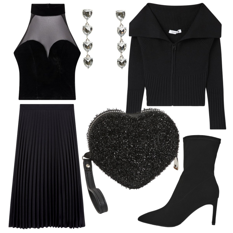 Outfit donna - Total Black. Stile Trendy per Serata fuori. Abbinamento con orecchini, portafogli, stivali, gonne lunghe, top, cardigans.