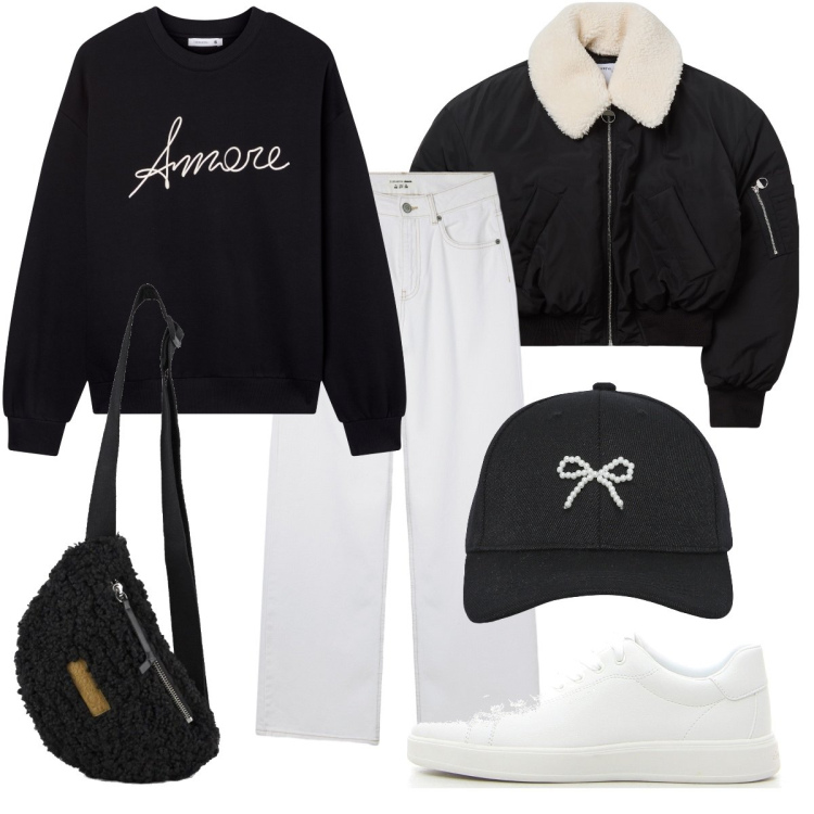 Outfit donna - Il Bomber nero. Stile Urban per Scuola/Università. Abbinamento con felpe, blazer, cappelli con visiera, jeans, marsupi, sneakers.
