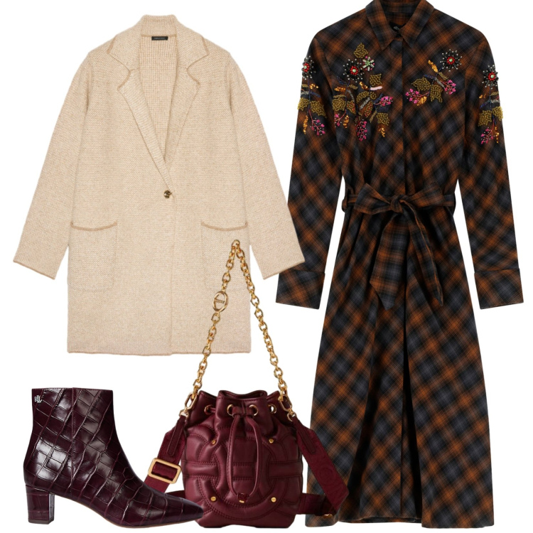 Outfit donna - Un aria di campagna. Stile Casual per Ufficio. Abbinamento con vestiti, borse a secchiello, stivaletti, cardigans.