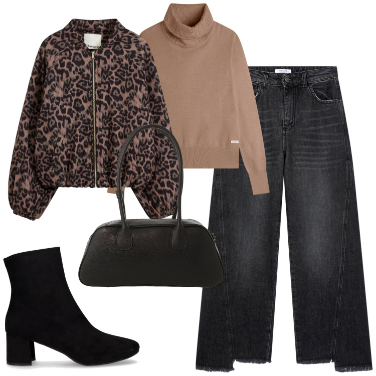 Outfit donna - Novembre. Stile Casual chic per Tutti i giorni. Abbinamento con bomber, jeans, maglieria, borse a mano, stivaletti.