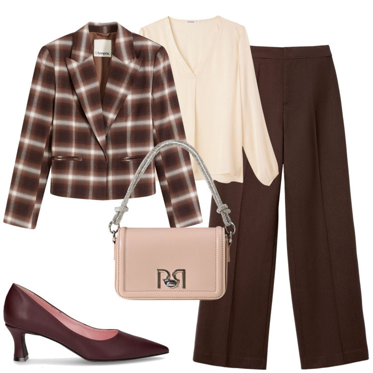 Outfit donna - In ufficio. Stile Bon Ton per Ufficio. Abbinamento con blazer, borse a mano, bluse, pantaloni, décolleté.
