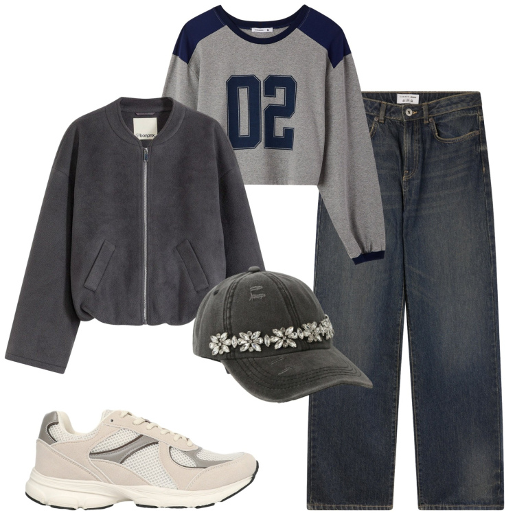 Outfit donna - Novembre. Stile Casual per Tutti i giorni. Abbinamento con bomber, t-shirt, sneakers, jeans dritti, cappelli.