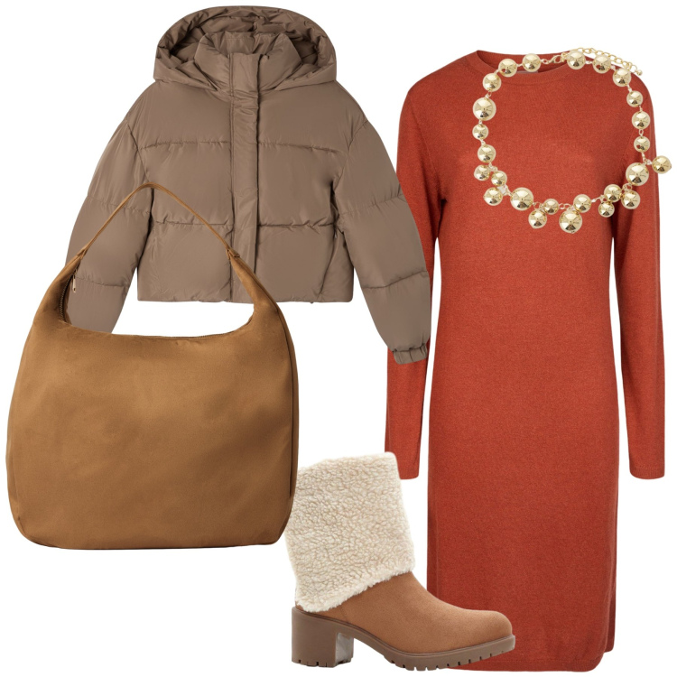 Outfit donna - Un abito caldo e carino per il lavoro. Stile Urban per Ufficio. Abbinamento con stivaletti, borse a mano, bomber, collane, vestiti midi/longuette.