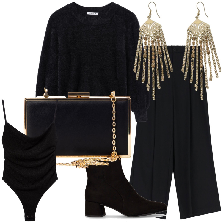 Outfit donna - Cozy , chic e calda alla cena fuori. Stile Chic per Serata fuori. Abbinamento con pochette, body, maglieria, orecchini, pantaloni a palazzo, stivaletti.