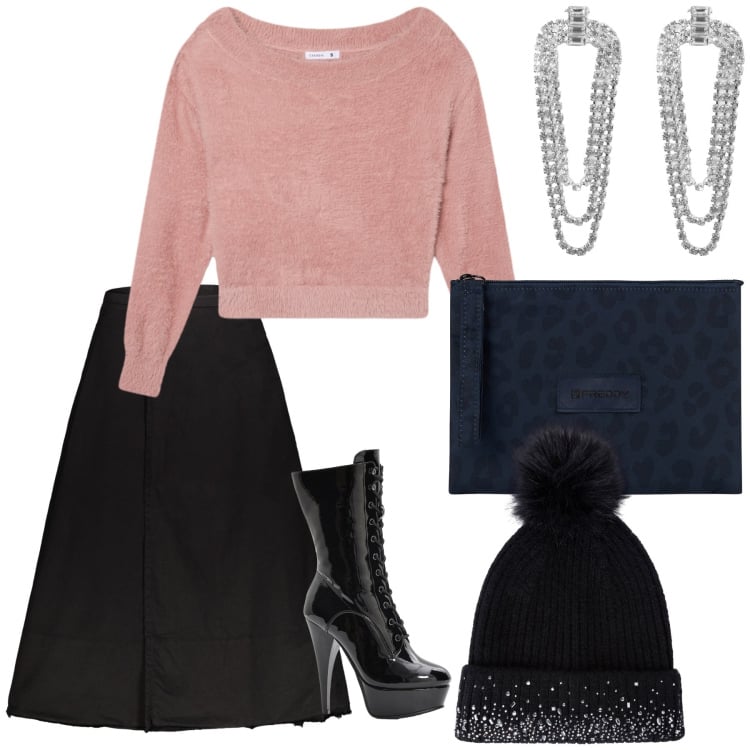 Outfit donna - Cozy e chic ad un compleanno. Stile Trendy per Serata fuori. Abbinamento con stivaletti, berretti, maglieria, orecchini, clutch, gonne lunghe.