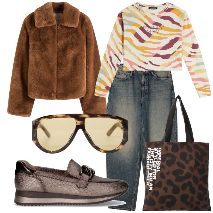 Outfit donna - Città. Stile Casual per Tutti i giorni. Abbinamento con ecopellicce, jeans, occhiali da sole, shopping bag, felpe, mocassini.