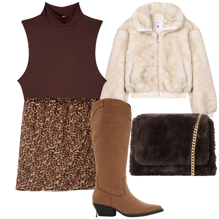 Outfit donna - In città. Stile Trendy per Tutti i giorni. Abbinamento con stivali, minigonne, top, ecopellicce, borse a tracolla.