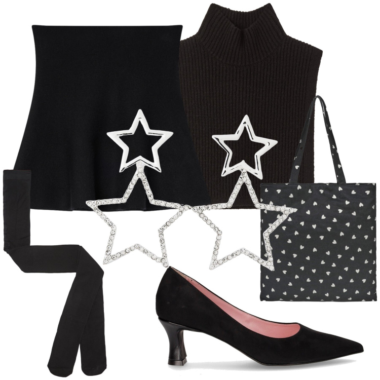 Outfit donna - Stelline e cuoricini nella sera. Stile Romantica per Serata fuori. Abbinamento con maglieria, collant, orecchini, borse tote, minigonne, décolleté.