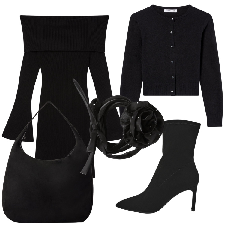 Outfit donna - Via golfino la collana e la sera ok. Stile Glamour per Ufficio. Abbinamento con stivali, collane, vestiti corti, borse a mano, cardigans.